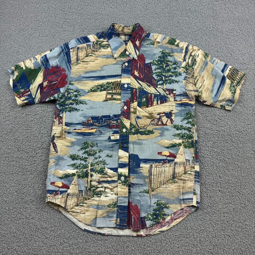 Nautica Shirt Mens Small Lighthouse Beach Graphic Print Linen Blend Short Sleeve